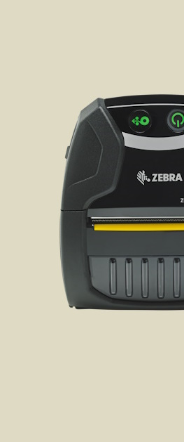 En Zebra ZQ320 Plus mobile etikettskriver sett forfra på en brun bakgrunn.