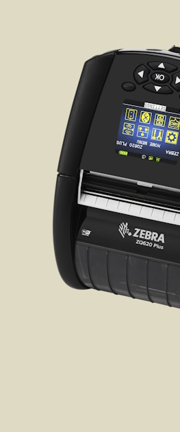 En Zebra ZQ620 Plus mobile etikettskriver sett forfra på en brun bakgrunn.