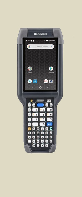En Honeywell CK65 ultrarobust håndterminal vist forfra med en skjerm som viser Android brukergrensesnittet med ikoner