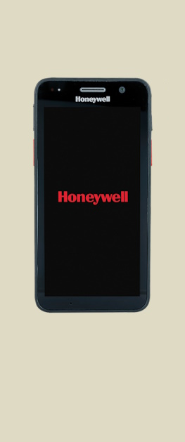 En Honeywell CT30 XP semirobust håndterminal vist forfra med en sort skjerm som viser Honeywell logoen