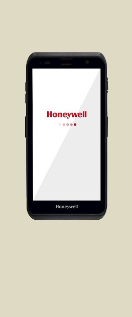 En Honeywell ScanPal EDA52 semirobust håndterminal vist forfra med en hvit skjerm som viser Honeywell logoen