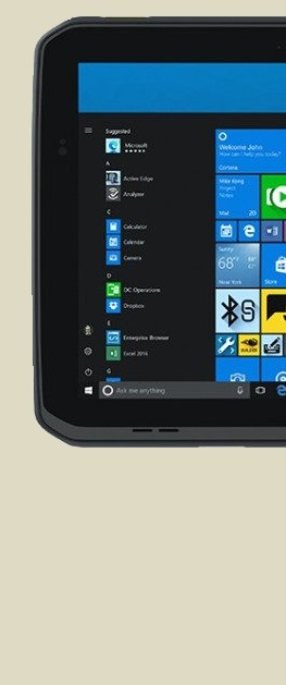 Et robust Zebra ET80 nettbrett med Windows-grensesnittet synlig på skjermen, vist med en rekke applikasjoner og widgets.