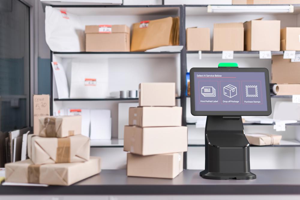 Mann i et lager if&oslash;rt oransje t-skjorte som sjekker etiketter ved en Zebra ZD421 etikettskriver, med lagerhyller i bakgrunnen