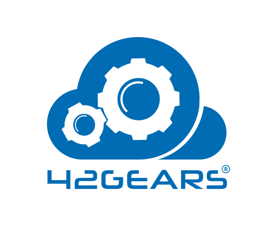 Logo for 42Gears med to tannhjul integrert i en skyformasjon, fremstilt i blåfarger