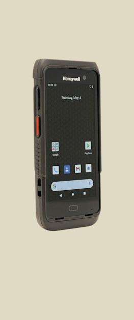 En Honeywell CT45 XP robust håndterminal vist fra siden med Android brukergrensesnitt og ikoner.