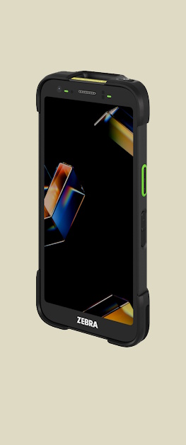 En Zebra TC501 robust håndterminal vist fra siden med en lysende skjerm og en fargerik bakgrunn