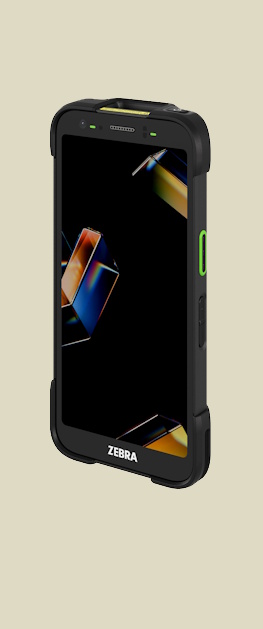 En Zebra TC701 ultrarobust håndterminal vist fra siden med en lysende skjerm og en blåaktig bakgrunn