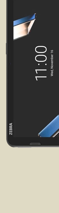 Et Zebra ET401 robust nettbrett vist forfra med en lysende skjerm som viser klokken 11:00 og en fargerik bakgrunn